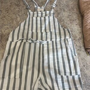 Striped Cotton Linen Overalls in White and Sage